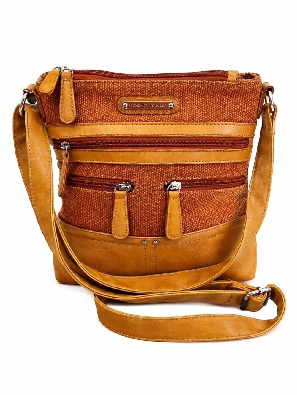 Vtg STONE MOUNTAIN Canvas Faux Leather Three Compartment Carpet Shoulder Bag